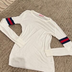 Women's Long Sleeve White Top with Red and Blue Stripes